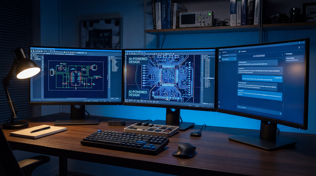 AI-assisted hardware design workstation with multiple monitors showing circuit design software and AI assistant
